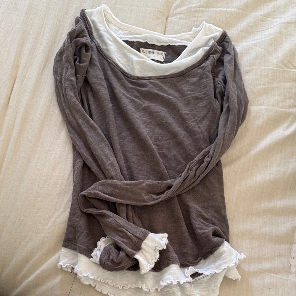 We The Free Brown Long Sleeve Top with White Layered Trim